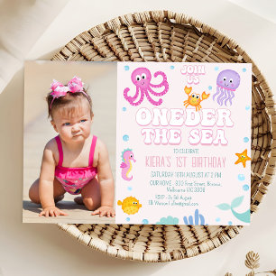 Invitation Girls Pink Photo près de la mer 1er anniversaire