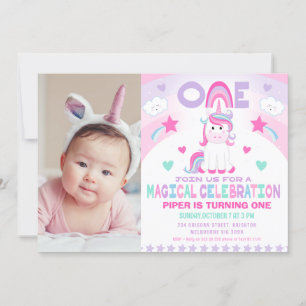 Invitation Girls Pink Rainbow Magical Unicorn 1er anniversair