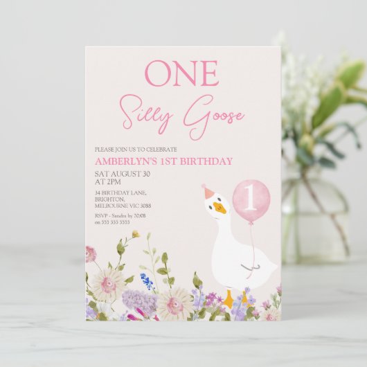 Invitation Girls Pink Wildflower One Silly Goose 1st Birthday (Debout devant)