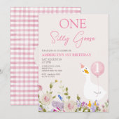Invitation Girls Pink Wildflower One Silly Goose 1st Birthday (Devant / Derrière)