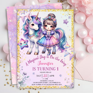 Invitation Girls Princess Unicorn 1er anniversaire Purple Gol