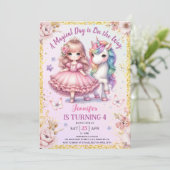 Invitation Girls Princess Unicorn 4e anniversaire Pink Gold (Debout devant)