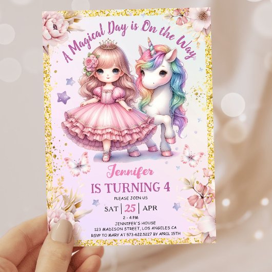 Invitation Girls Princess Unicorn 4e anniversaire Pink Gold
