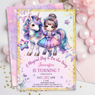 Invitation Girls Princess Unicorn 7e anniversaire Purple Gold