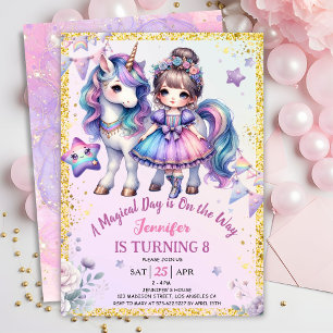Invitation Girls Princess Unicorn 8e anniversaire Purple Gold