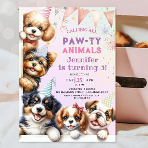 Invitation Girls Puppy Pawty 3ème anniversaire de fête Invita