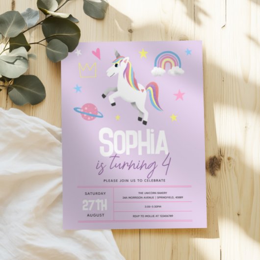 Invitation Girls Purple Girly Unicorn Enfants 4e anniversaire
