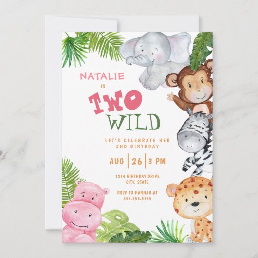Invitation Girls Safari Jungle Deux Wild 2e Anniversaire (Devant)