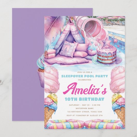 Invitation Girls Sleepover Pool Party (Devant / Derrière)