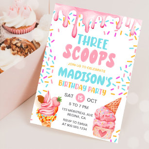 Invitation Girls Three Scoops Glace 3e Anniversaire