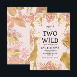 Invitation Girls Two Wild 2e Anniversaire Pink Jungle Safari<br><div class="desc">Cette invitation à la fête du deuxième anniversaire de cette "deux sauvages" de safari dans la jungle présente des animaux à fausse feuille d'or (girafe, lion et singes), du feuillage de la jungle dorée et rose, et un arrosage de confettis d'or sur un arrière - plan rose pâle. Ajoutez le...</div>