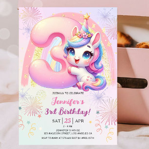 Invitation Girls Unicorn Magical Rainbow 3ème fête d'annivers