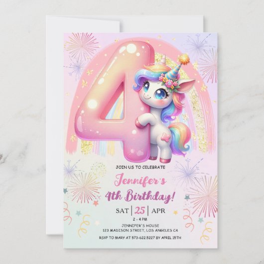 Invitation Girls Unicorn Magical Rainbow 4th Birthday Party (Devant)