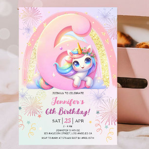 Invitation Girls Unicorn Magical Rainbow 6th Birthday Party