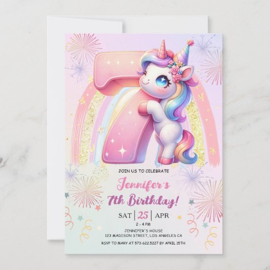 Invitation Girls Unicorn Magical Rainbow 7th Birthday Party (Devant)