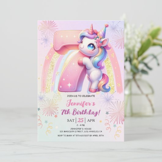 Invitation Girls Unicorn Magical Rainbow 7th Birthday Party (Debout devant)