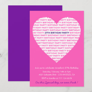 Invitation Girly 27e anniversaire Girl Heart Pink