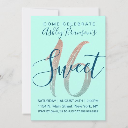 Invitation Girly Aqua Blue Rose Gold Sequin Parties scintilla (Devant)