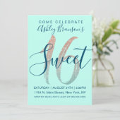 Invitation Girly Aqua Blue Rose Gold Sequin Parties scintilla (Debout devant)