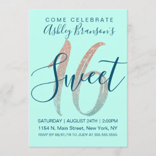 Invitation Girly Aqua Blue Rose Gold Sequin Parties scintilla