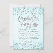 Invitation Girly Aqua Blue Silver Parties scintillant Graduat (Devant)