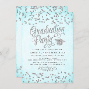 Invitation Girly Aqua Blue Silver Parties scintillant Graduat