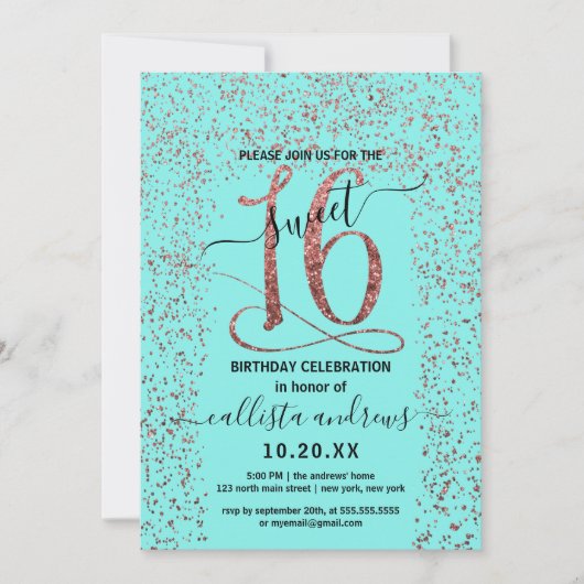 Invitation Girly Aqua Rose Gold Confetti Border Sweet 16 (Devant)