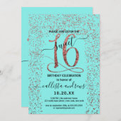 Invitation Girly Aqua Rose Gold Confetti Border Sweet 16 (Devant / Derrière)