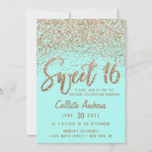 Invitation Girly Aqua Turquoise or parsemé Parties scintillan (Devant)