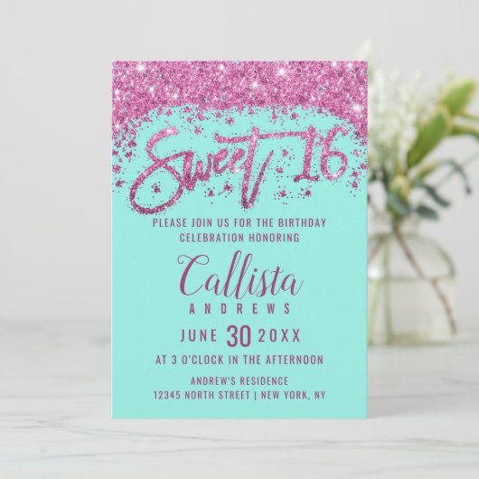 Invitation Girly Aqua Turquoise rose clair Parties scintillan (Debout devant)