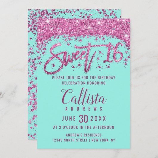 Invitation Girly Aqua Turquoise rose clair Parties scintillan (Devant / Derrière)