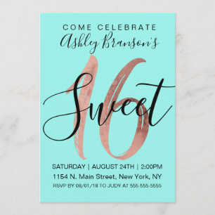 Invitation Girly Aqua Turquoise Rose Gold Foil Sweet 16