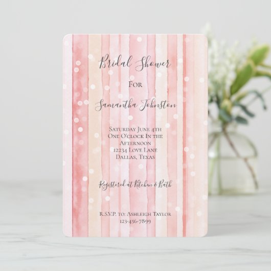 Invitation Girly Blush Pink Stripes White Dots Bridal Shower (Debout devant)