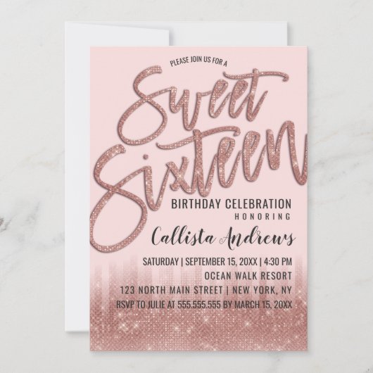 Invitation Girly Blush Rose Gold Parties scintillant Typograp (Devant)