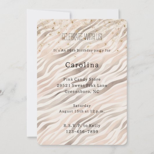 Invitation Girly Blush Zebra Gold Confetti Sparkle Birthday (Devant)