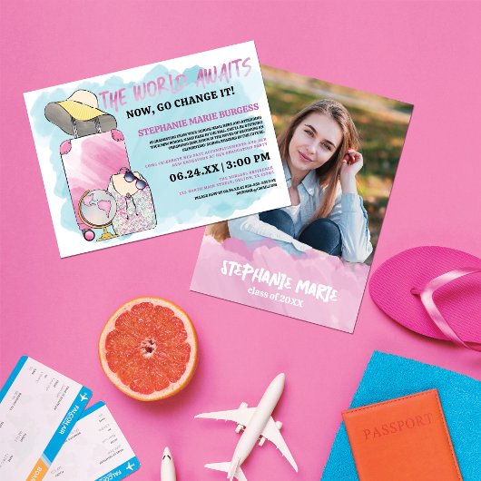 Invitation Girly Change World Watercolor Photo Graduation