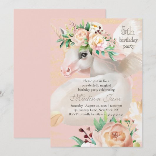 Invitation Girly Chic Aquarelle Floral Unicorn 5e Anniversair (Devant / Derrière)