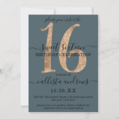 Invitation Girly Chic Faux Gold Parties scintillant Dusty Blu (Devant)