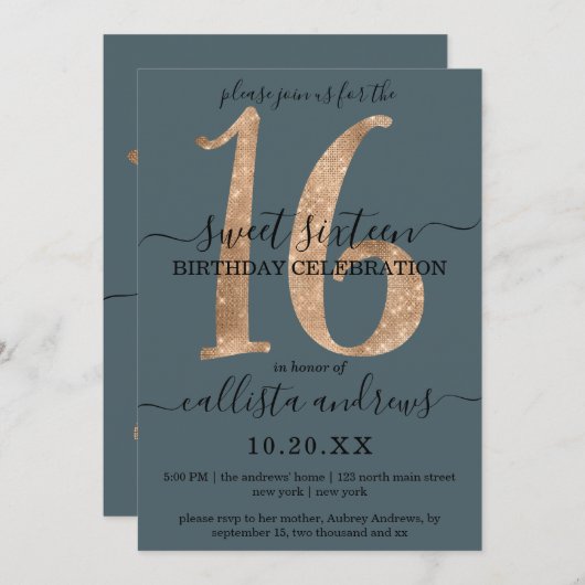 Invitation Girly Chic Faux Gold Parties scintillant Dusty Blu (Devant / Derrière)