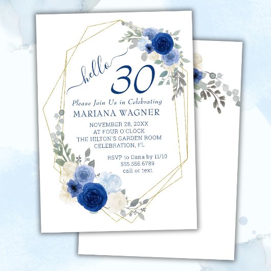 Invitation Girly Chic Navy Blue Floral 30e anniversaire