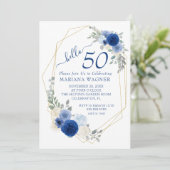 Invitation Girly Chic Navy Blue Floral 50e anniversaire (Debout devant)