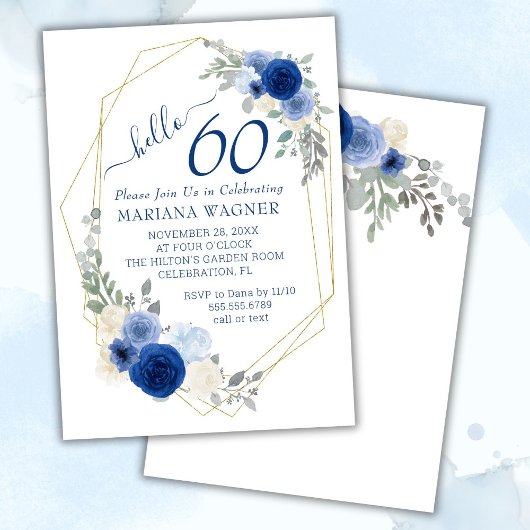 Invitation Girly Chic Navy Blue Floral 60e anniversaire