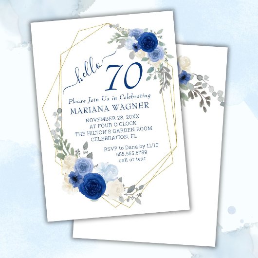 Invitation Girly Chic Navy Blue Floral 70e anniversaire
