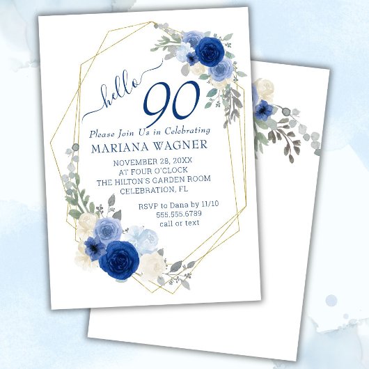 Invitation Girly Chic Navy Blue Floral 90e anniversaire
