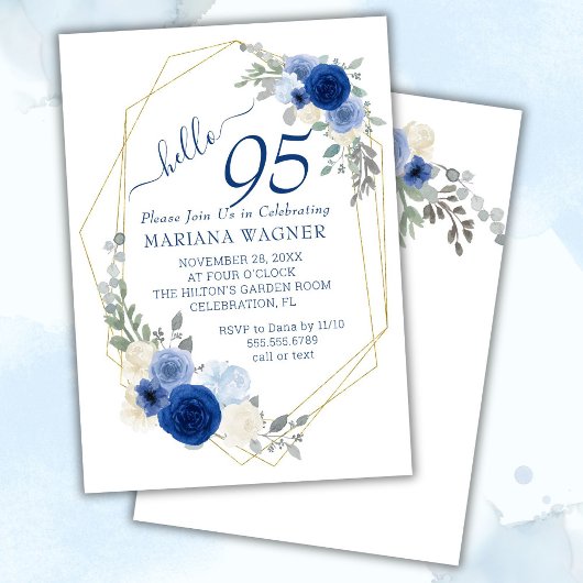 Invitation Girly Chic Navy Blue Floral 95e anniversaire