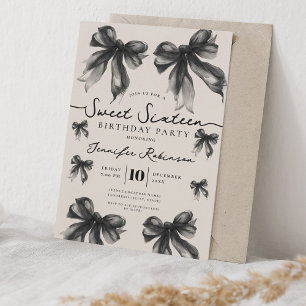 Invitation Girly Coquette Bow Sweet 16 Anniversaire Noir