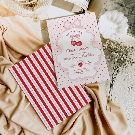 Invitation Girly Coquette Cherry First 1st Birthday Party