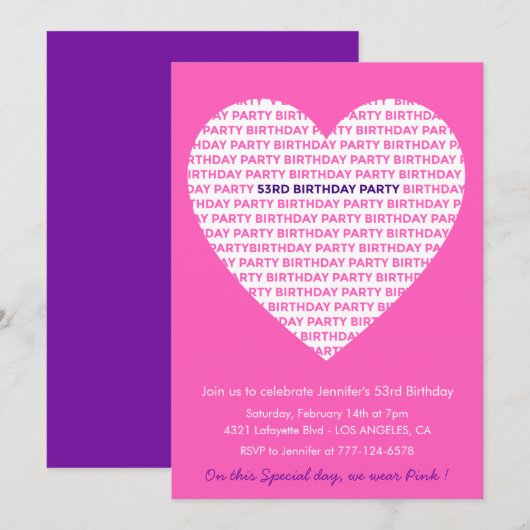 Invitation girly d'anniversaire 53 ans Fille Cœur (Devant / Derrière)