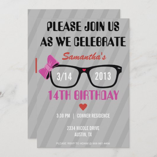 Invitation Girly d'anniversaire en verre et de (Devant / Derrière)