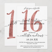Invitation Girly Faux Rose Gold WhiteGlitter Sweet 16 (Devant / Derrière)